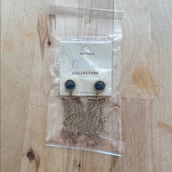 Mia Collection Gold Navy Blue Chain Tassel Dangle Earrings Post Back - Picture 2 of 2